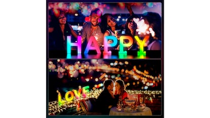 Letras luminosas sobre fondo blanco.