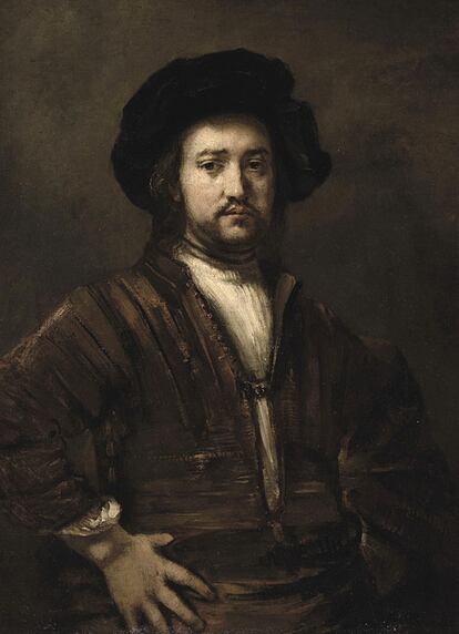 <i>Retrato de medio cuerpo de un hombre con los brazos en jarras,</i> de Rembrandt.