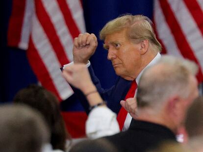 Republican presidential candidate and former U.S. President Donald Trump gestures during a campaign rally in Green Bay, Wisconsin, U.S., April 2, 2024.