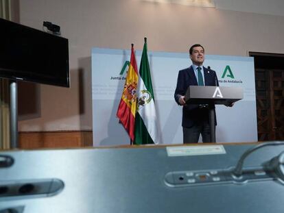 El presidente de Andalucía, Juan Manuel Moreno, en una comparecencia pública.