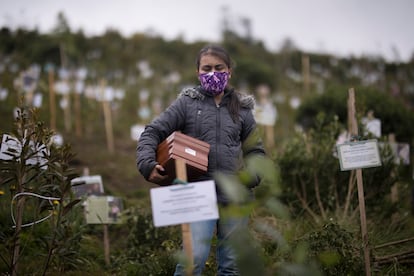 Una mujer porta una urna con cenizas de un familiar, muerto por complicaciones relacionadas con la covid-19 en la Reserva Natural El Pajonal de Cogua, al norte de Bogotá, Colombia.