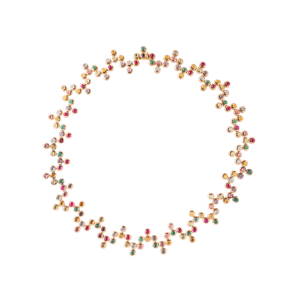 Collar Gádor Zigzag de oro rosa con cabujones de esmeraldas, rubíes, topacios, citrinos, granates y peridotos. Esta obra de arte de la joyería está firmada por Grassy.