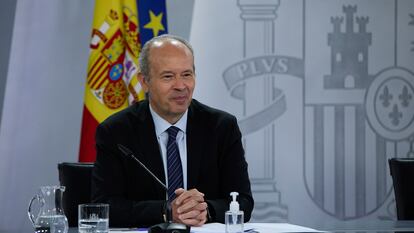 El ministro de Justicia, Juan Carlos Campo, durante una rueda de prensa en el Palacio de la Moncloa en abril de 2021.