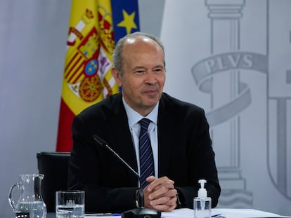 El ministro de Justicia, Juan Carlos Campo, durante una rueda de prensa en el Palacio de la Moncloa en abril de 2021.