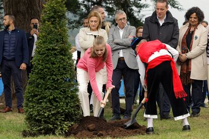 En otro de los momentos del itinerario la protagonista ha sido la Princesa de Asturias en solitario, cuando ha plantado un tejo junto a la Escuela Rural de Cadavedo, que este curso ha abierto una nueva aula por la llegada de nuevos alumnos.