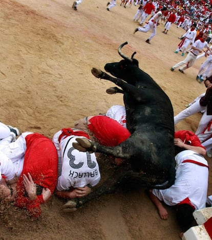 Una vaquilla pierde el equilibrio y cae encima de los mozos en la plaza de toros de Pamplona.