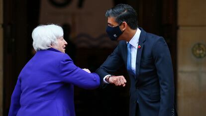 A Secretária do Tesouro dos Estados Unidos, Janet Yellen, e o ministro das Finanças do Reino Unido, Rishi Sunak, na cúpula do G7 em Londres no fim de semana.