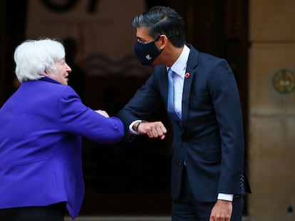 A Secretária do Tesouro dos Estados Unidos, Janet Yellen, e o ministro das Finanças do Reino Unido, Rishi Sunak, na cúpula do G7 em Londres no fim de semana.