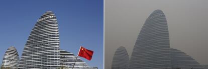 A la izquierda, vista de un edificio de Pekín en una fotografía del 17 de noviembre de 2014 y, el mismo edificio, en una imagen del 14 de enero de 2015.