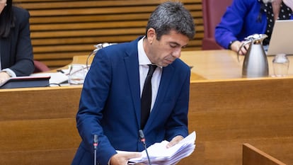 Carlos Mazón, durante su comparecencia este viernes por la gestión de la catástrofe provocada por la dana.