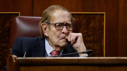 Ramón Tamames, durante el debate de la moción de censura, el martes en el Congreso.