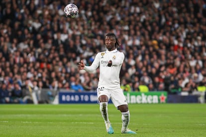 Camavinga, durante el partido contra el Liverpool en el Bernabéu.