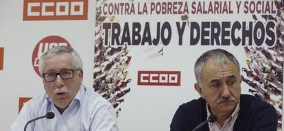 Los secretarios generales de CCOO y UGT, Ignacio Fern&aacute;ndez Toxo (izquierda) y Pepe &Aacute;lvarez, respectivamente.