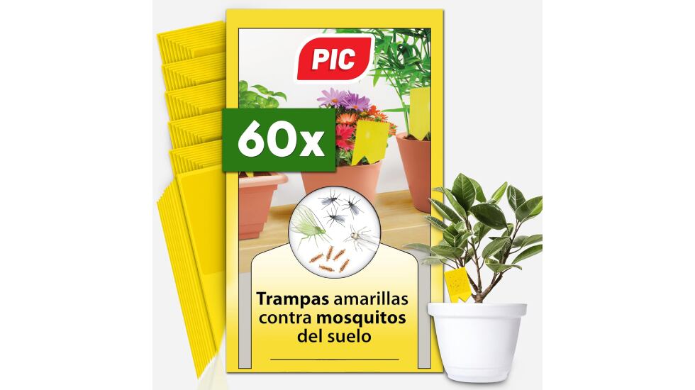 Trampas amarillas antimosquitos para plantas de interior.