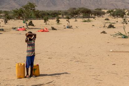 Un niño de la aldea de Biyoguure lleva los bidones de agua para rellenarlos en Somalilandia, donde 600.000 personas han abandonado los pueblos en busca de una nueva vida en la ciudad ante la imposibilidad de salir adelante después de que sus ganados y sus cultivos quedasen diezmados por años de sequías.