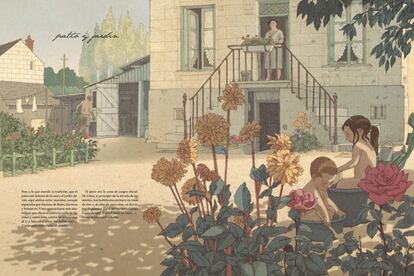 Doble página de 'Viajes por mi jardín', de Nicolas Jolivot, editado por Errata Naturae. 