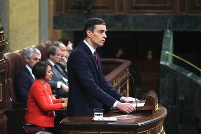 El presidente del Gobierno en funciones, Pedro Sánchez, durante su intervención en el Congreso, este martes.
