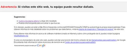 Mensaje de Google con el que advertía de la página podía dañar el equipo del usuario