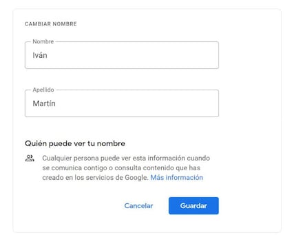 Nombre en la cuenta de Google