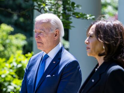 US President Joe Biden and Vice President Kamala Harris at an event at the White House.