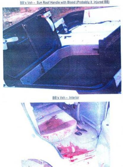 Combinación de fotos suministrada por el Gobierno de Pakistán en la que se muestra el techo y el interior ensangrentado del coche de Benazir Bhutto.