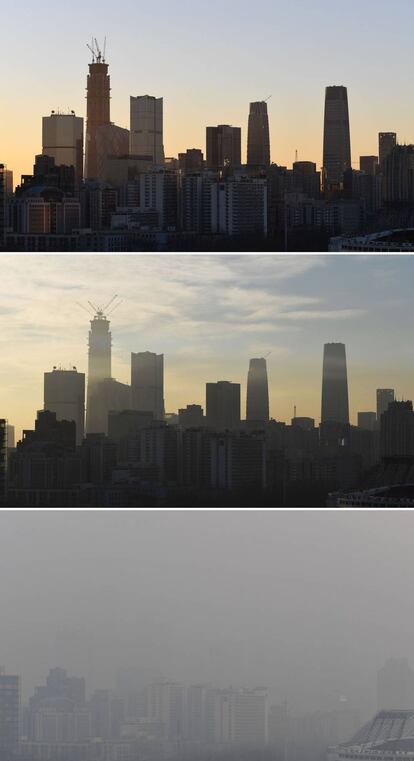 Vista del centro financiero de Pekín el 14 de diciembre (arriba), este viernes (al medio) y este sábado (abajo).
