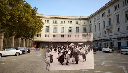 El fotògraf presenta, amb la tècnica de la refotografía, una imatge de l'emigració de la postguerra a Barcelona.