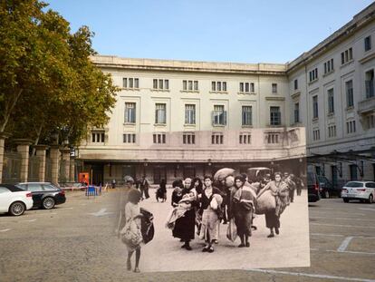 El fotògraf presenta, amb la tècnica de la refotografía, una imatge de l'emigració de la postguerra a Barcelona.