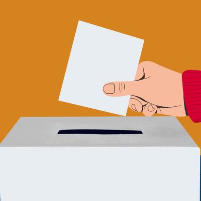 Close up hand of voter placing ballot in ballot box on election day