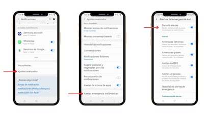 Pantallazo del paso a paso para activar las alertas de Protección Civil en Android