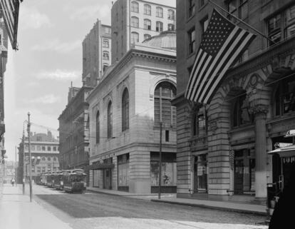 Boston Stock Exchange, in an image from between 1910 and 1920.