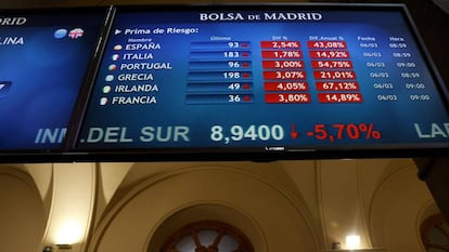 Pantalla de medición de la prima de riesgo, el pasado viernes en la Bolsa de Madrid.