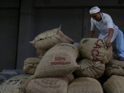 Un operario mueve sacos de cacao en una fábrica en México.