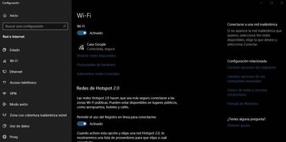 Opciones WiFi Windows 10