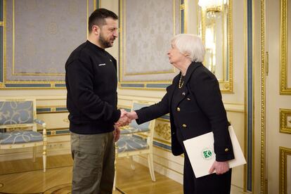 Ukraine's President Volodymyr Zelenskiy welcomes U.S. Treasury Secretary Janet Yellen, amid Russia's attack on Ukraine, in Kyiv, Ukraine February 27, 2023.