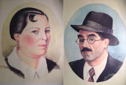 Retratos de Cesáreo de la Cruz y Norberta Gómez elaborados por otro refugiado.
