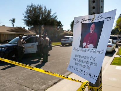 Los Angeles County Sheriff deputies guard the entrance to the street of Bishop David O'Connell's home in Hacienda Heights, Calif., Sunday, Feb. 19, 2023.