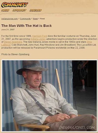 Pgina web oficial de la nueva pelcula de Indiana Jones, con la primera imagen de Harrison Ford caracterizado como el aventurero.