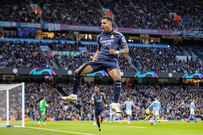 Rodrygo celebra su tanto frente al Manchester City.