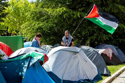 Varios estudiantes hacen una acampada para mostrar su apoyo al pueblo palestino y exigir el fin del conflicto en Gaza, en las inmediaciones de la Casa de Estudiantes de la Universidad Complutense, el 8 de mayo.