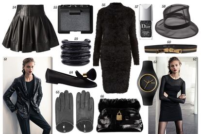 54. SLY 010 Mini de vuelo de piel. 55. NARS Sombra de ojos “Guy Bourdin – Cinematic”. 56. Topshop Vestido de lana manga larga y cuello cisne. 57. Dior Laca de uñas “Sparkling Nail Powders”. 58. A.F. Vandervost Sombrero de rejilla. 59. Hotel Particulier Brazalete de cuero. 60. Ronald Pineau Cinturón de piel con cremallera. 61 y 62. Mango. 63. Ice Reloj con detalles dorados. 64. Roger Vivier Slipper de satén con borla de pelo. 65. Topshop Guantes de piel con ribete de cadena. 66. Burberry Prorsum Clutch de cocodrilo con ribete de pelo y candado.