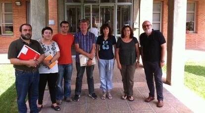 Representantes de Escola Valenciana, el STEPV, CC OO y FETE-UGT tras la mesa sectorial de Educación.