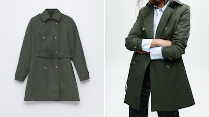 Esta gabardina de diseño simple, de la marca Lefties, está fabricada en poliéster tanto su zona exterior como su forro.