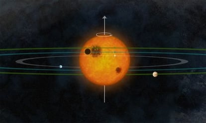 Recreaci&oacute;n de la estrella Kepler-30 y sus tres planetas.