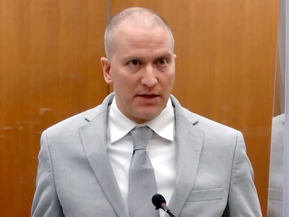 Former Minneapolis police Officer Derek Chauvin addresses the court at the Hennepin County Courthouse on June 25, 2021, in Minneapolis.