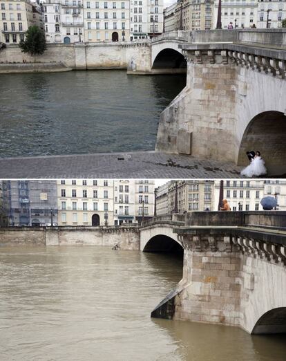 En este combo vemos a una pareja de novios paseando bajo el puente La Tournelle junto al río Sena en agosto de 2015, en la segunda imagen vemos cómo el agua ha inundado el paso bajo el puente, el 25 de enero de 2018.