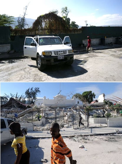 Terreny on es trobava el Palau de Justícia haitiana a Port-au-Prince, el 29 de desembre del 2014 (a dalt) i els enderrocs de l'edifici el 14 de gener del 2010, dos dies després del terratrèmol.