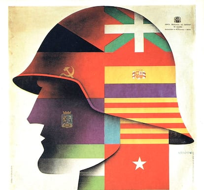 Este cartel del ilustrador Emeterio Melendreras usado durante la Guerra Civil española bajo el lema 'Todas las milicias fundidas en el Ejército Popular' recurre a ocho banderas distintas para representar la unidad frente a los golpistas.