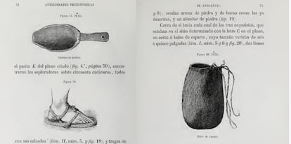 Illustrations from the book by Manuel Góngora y Martínez, showing the espadrilles they found inside the cave.