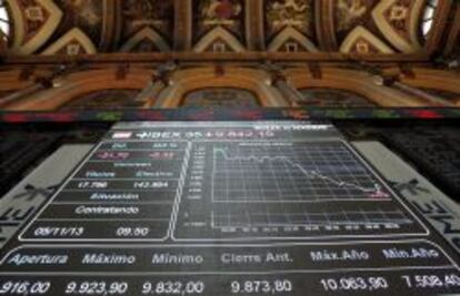 Vista del panel de la Bolsa de Madrid que refleja la evoluci&oacute;n del IBEX 35.